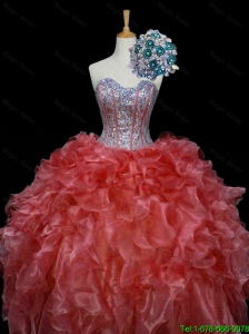 2015 New Style Ball Gown Sweet 16 Dresses with Sequins and Ruffles in Rust Red