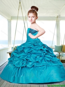 2016 Fall Fashionable Blue Little Girl Pageant Dress with Beading and Pick-ups