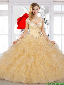 Elegant Straps Beaded and Ruffles Quinceanera Dress in Champagne