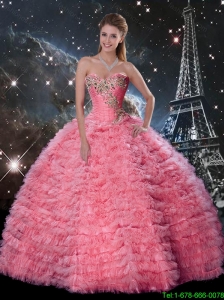 Modest Rose Pink Sweetheart Quinceanera Dresses with Beading and Ruffles