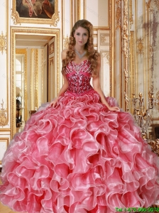 New Style 2015 Sweetheart Beaded and Ruffles Quinceanera Dresses in Coral Red
