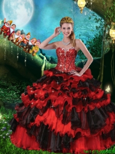 Elegant Beaded and Ruffled Layers Sweetheart Quinceanera Dresses in Black and Red