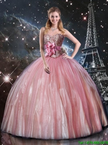 Elegant Ball Gown Beaded Pink Quinceanera Dresses with Belt
