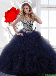 New Style Appliques and Ruffles Quinceanera Dresses in Navy Blue