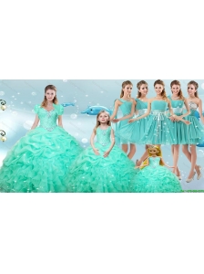 2016 Perfect Ruffles and Beaded Quinceanera Dress and Aqua Blue Short Dama Dresses and Cute Scoop Little Girl Dress