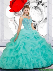 2016 Summer Cheap Beaded Ball Gown Straps Quinceanera Dresses in Turquoise