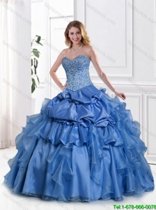 Hot Sale 2016 Blue Sweet 16 Gowns with Appliques and Beading in Blue