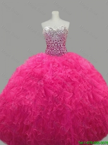 2016 Puffy Sweetheart Hot Pink Quinceanera Dresses with Beading and Ruffles