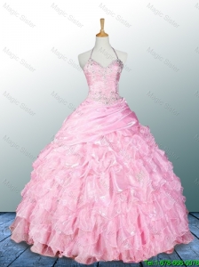 2016 Elegant Pretty Halter Top Pink Quinceanera Dresses with Appliques