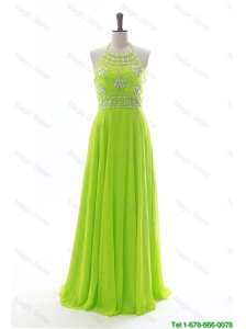 Cheap Brand New Halter Top Spring Green Long Prom Dresses with Beading