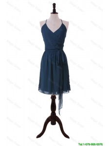 Cheap Brand New Halter Top Sashes Short Prom Dresses in Navy Blue