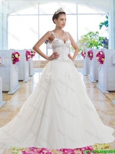 Luxurious Straps Beaded Hand Made Flowers Bridal Gown