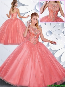 Hot Sale Beading Scoop Quinceanera Gowns in Watermelon