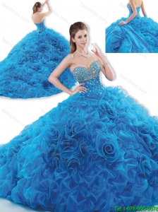 Luxurious Brush Train Blue Sweet 16 Dresses with Beading