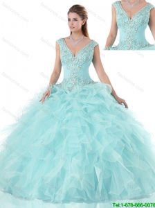 Popular Beading V Neck Quinceanera Gowns with Cap Sleeves