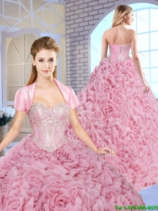 2016 Luxurious Beading Brush Train Quinceanera Gowns with Rolling Flowers