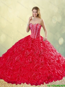 2016 New Style Brush Train Rolling Flowers Quinceanera Dresses in Red