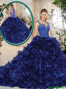Perfect Straps Brush Train Quinceanera Gowns in Royal Blue