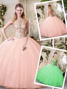 Pretty Bateau Peach Quinceanera Dresses with Beading