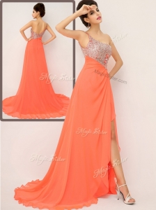 Luxurious One Shoulder Celebrity Dresses with High Slit and Sequins