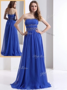 Simple Strapless Empire Blue Prom Dresses with Ruching and Beading