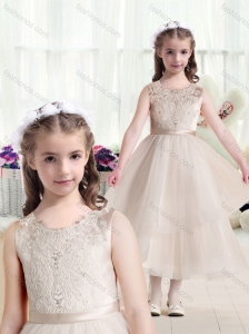 Most Popular Scoop Champagne Flower Girl Dresses with Appliques