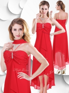 2016 Best Spaghetti Straps High Low Red Prom Dress with Beading