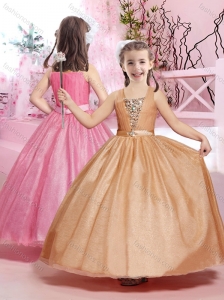 Beautiful Straps Beaded and Belted Champagne Flower Girl Dress with Ankle