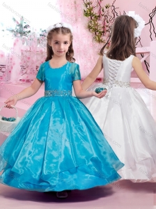 Latest Ankle Length Belted with Beading Flower Girl Dress with Lace Up