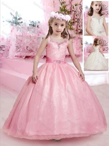 Simple Puffy Skirt Straps Flower Girl Dress with Beading and Belt