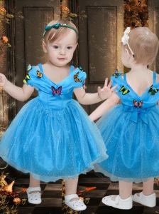 Beautiful Off the Shoulder Tea Length Little Girl Pageant Dress with Colorful Butterfly