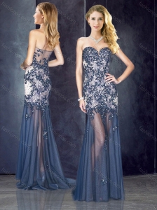 2016 Column Navy Blue Prom Dress with Appliques and Beading