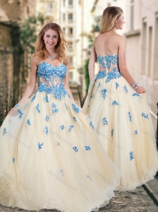 Pretty Visible Boning Tulle Champagne Prom Dress with Blue Appliques