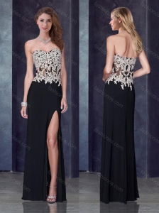 Cheap Column Black Prom Dress with High Slit and Appliques
