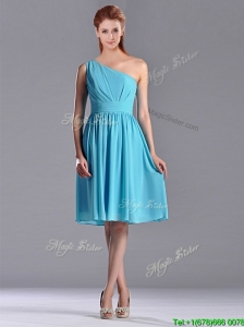 Discount Chiffon Aqua Blue Knee Length Dama Dress with One Shoulder