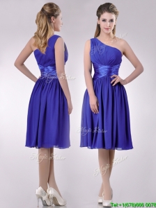 Elegant One Shoulder Chiffon Blue Dama Dresses for Quinceanera with Side Zipper
