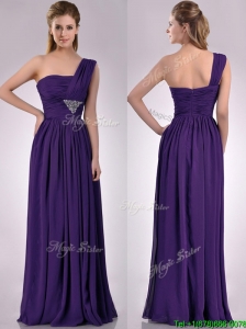 2016 Discount Empire Beaded and Ruched Dark Purple Dama Dress with One Shoulder