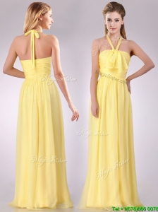 Lovely Halter Top Chiffon Ruched Long Bridesmaid Dress in Yellow