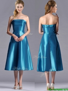 2016 Luxurious A Line Strapless Tea Length Bridesmaid Dress in Teal