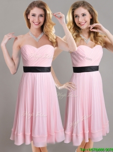 Discount Empire Pleated and Black Belted Bridesmaid Dress in Baby Pink