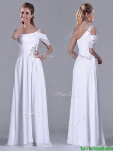 Fashionable Empire One Shoulder Beaded White Long White Dama Dress for Holiday