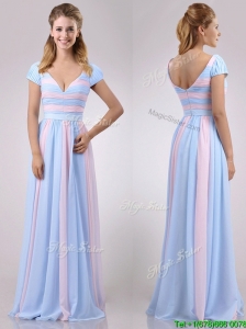 New Deep V Neckline Chiffon Bridesmaid Dress in Baby Pink and Light Blue
