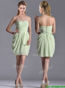 Popular Ruched Decorated Bodice Short Bridesmaid Dress in Yellow Green