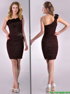 Simple Column One Shoulder Hand Crafted and Ruched Side Zipper Short Bridesmaid Dress in Brown