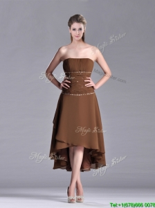 Exclusive Beaded Strapless High Low Brown Mother of the Bride Dress in Chiffon