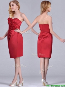 Low Price Red Column Satin Knee Length Mother of the Bride Dress with Ruffles