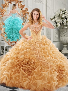 2016 Low Price Big Puffy Beaded and Ruffled Quinceanera Gown in Organza