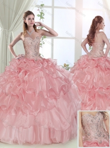 Modest Beaded and Ruffled Layered Baby Pink Sweet 15 Dress with Brush Train