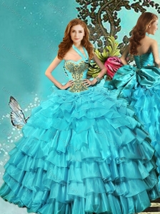 Discount Halter Top Teal Quinceanera Dress with Ruffled Layers and Beading