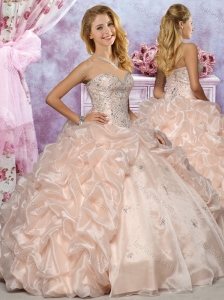 Discount Organza Champagne Quinceanera Dress with Beaded Bodice and Bubbles